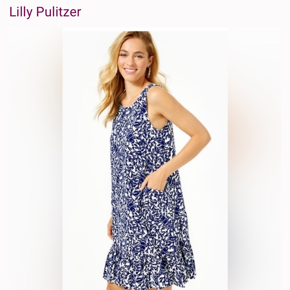 Lilly Pulitzer Navy & White Kristen Flounce Lobster Print Dress Size Large GUC